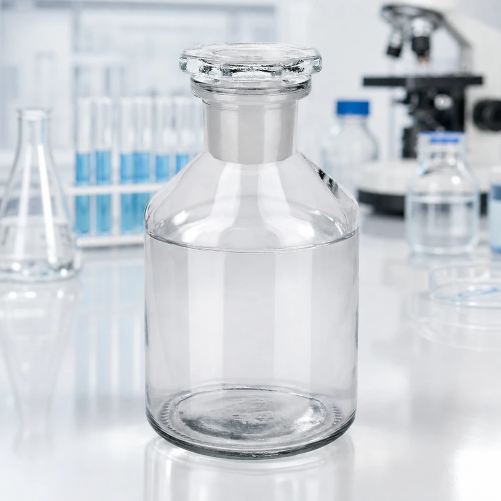 Bottiglia a collo alto 50ml in vetro trasparente con tappo a collo stretto Fiala a fondo piatto da 50 ml, a collo stretto, trasparente, su un tavolo da laboratorio bianco con un microscopio sullo sfondo