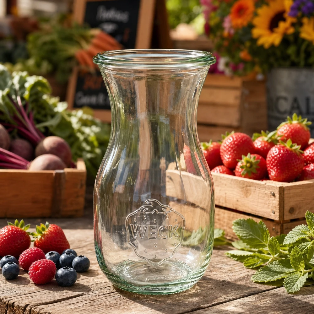 Bouteille à jus WECK RR60 de 290 ml WECK Bouteille de jus 290ml RR60 sur table en bois entourée de baies fraîches Fraises et herbes aromatiques dans le style marché fermier