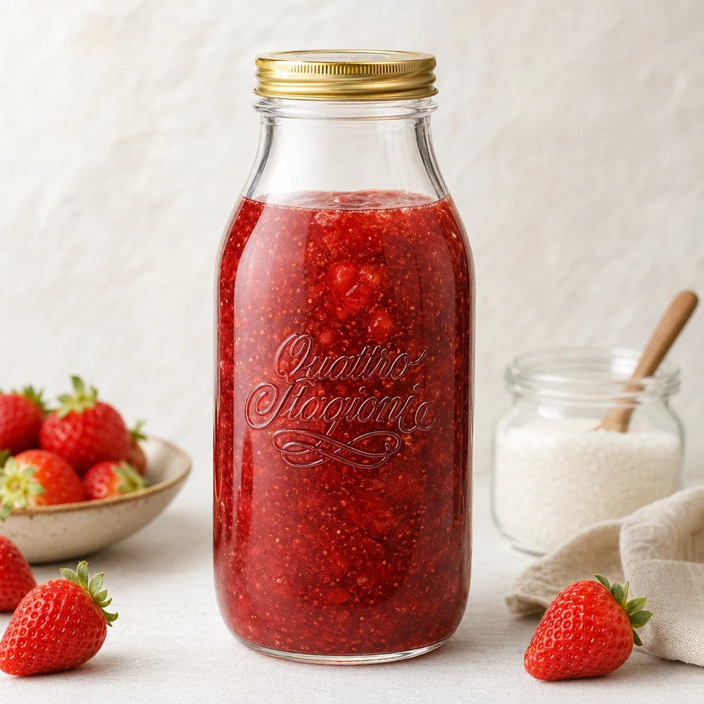 Bottiglia in vetro da 1000ml "Quattro Stagioni" con coperchio Quattro Stagioni Bottiglia di vetro da 1000 ml riempita di marmellata di fragole, circondata da fragole fresche e latte di vetro