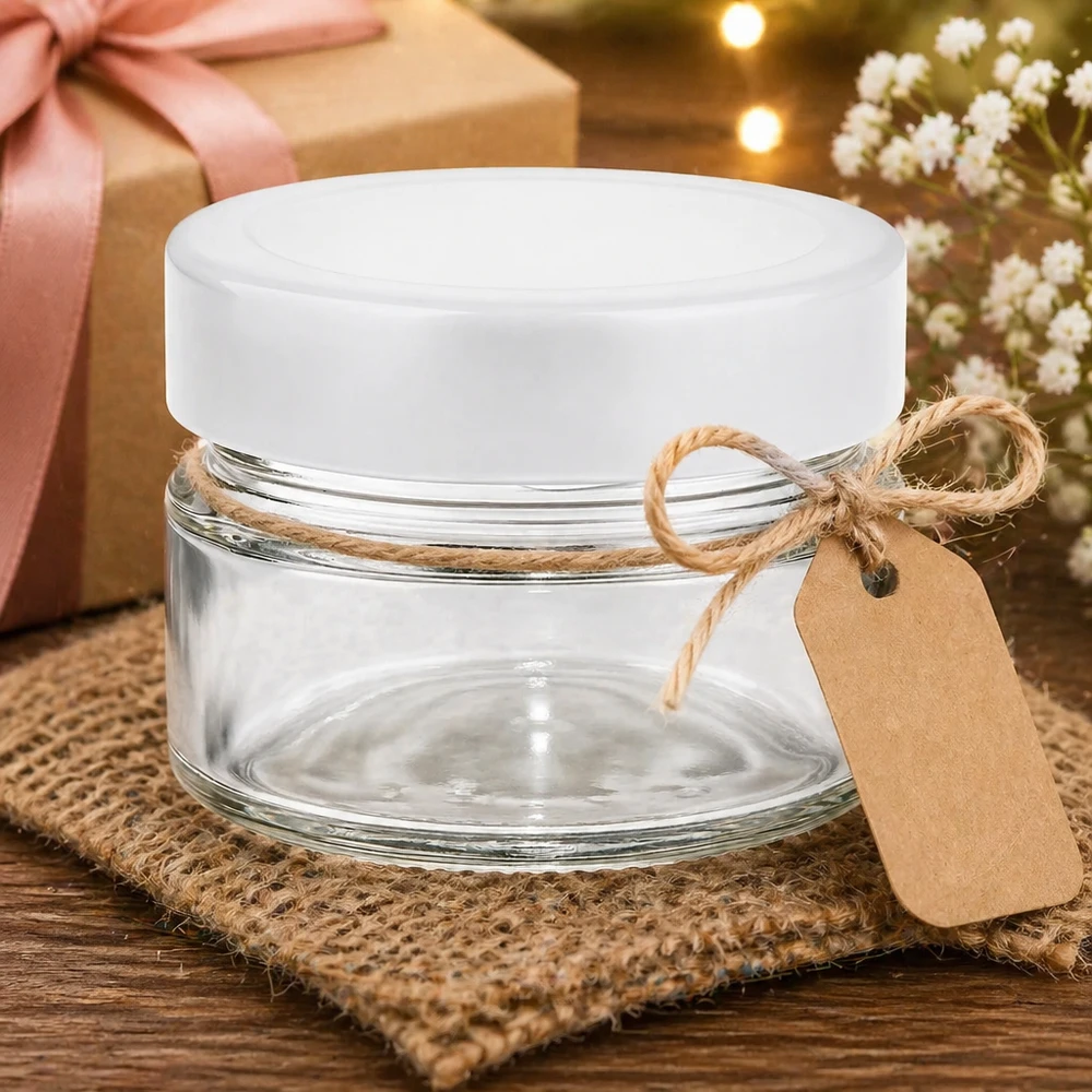 Vasetto rotondo da 80 ml con coperchio bianco presentato in modo decorativo con confezione regalo e banderuola in corda di iuta