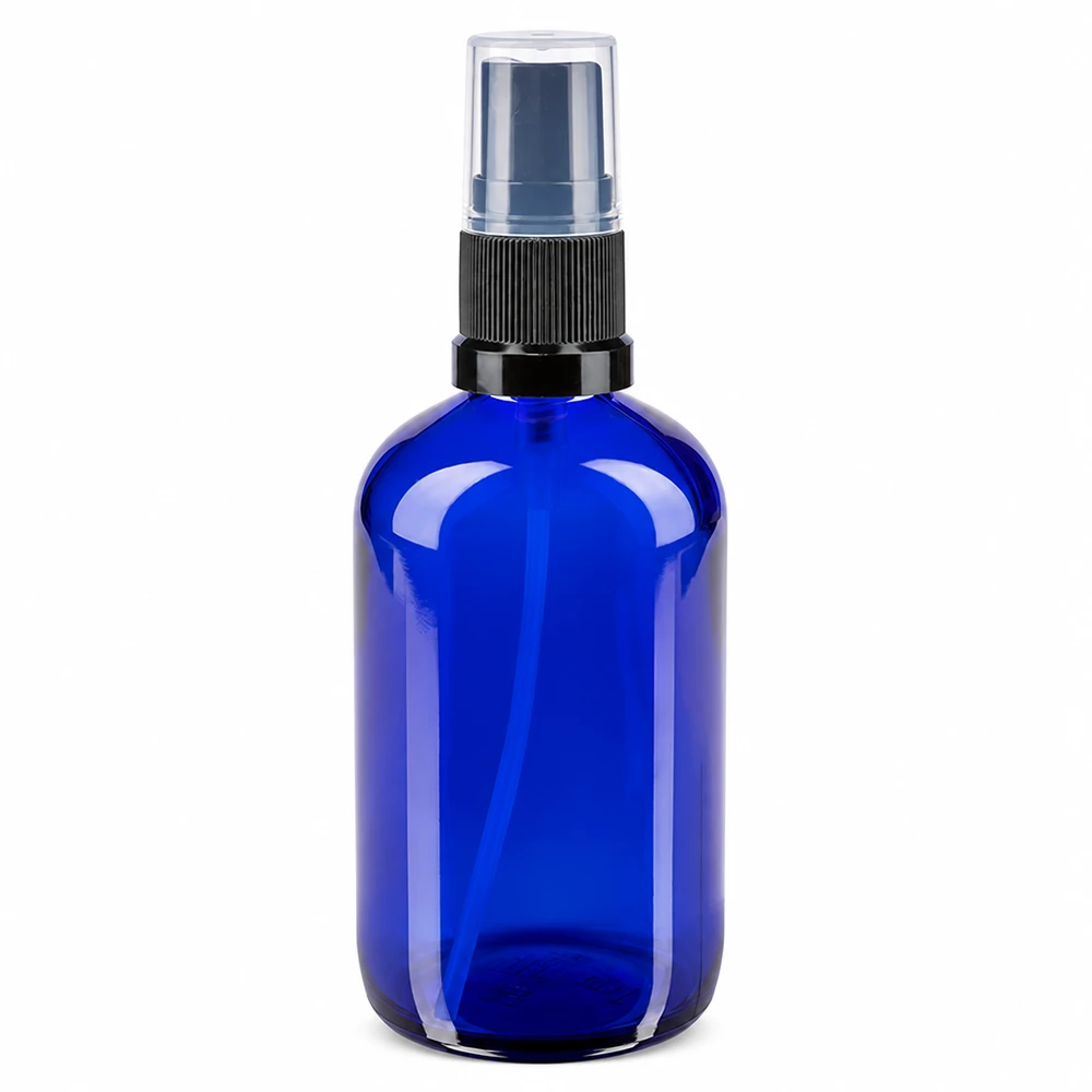 Apothekenflasche blau 100ml Sprayaufsatz schwarz UV-Schutz Glassprayflasche 100ml in Blau mit schwarzem Standardzerstäuber für Pharmaprodukte