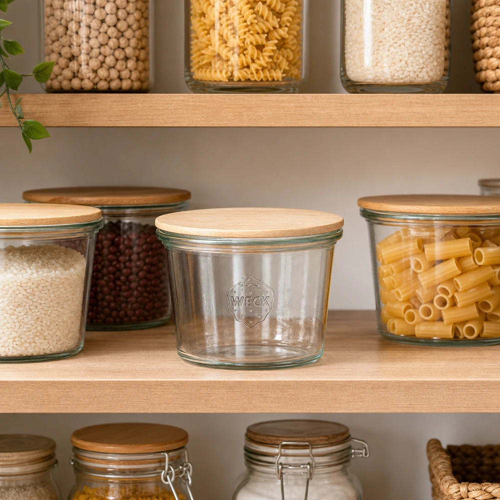 50ml Mini Sturzglas WECK RR60 mit Holzdeckel WECK Mini Sturzglas 50ml leer in organisierter Vorratsküche zwischen gefüllten Gläsern mit Pasta und Hülsenfrüchten