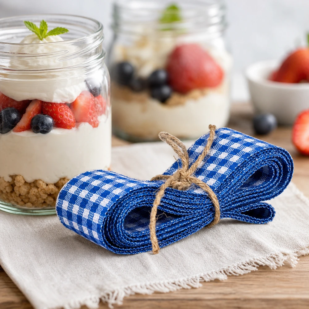 Nastro in tessuto blu/bianco per decorazioni, 300 cm Nastro in tessuto a scacchi blu e bianchi di 300 cm legato in modo decorativo accanto ai bicchieri da dessert con yogurt e frutti di bosco