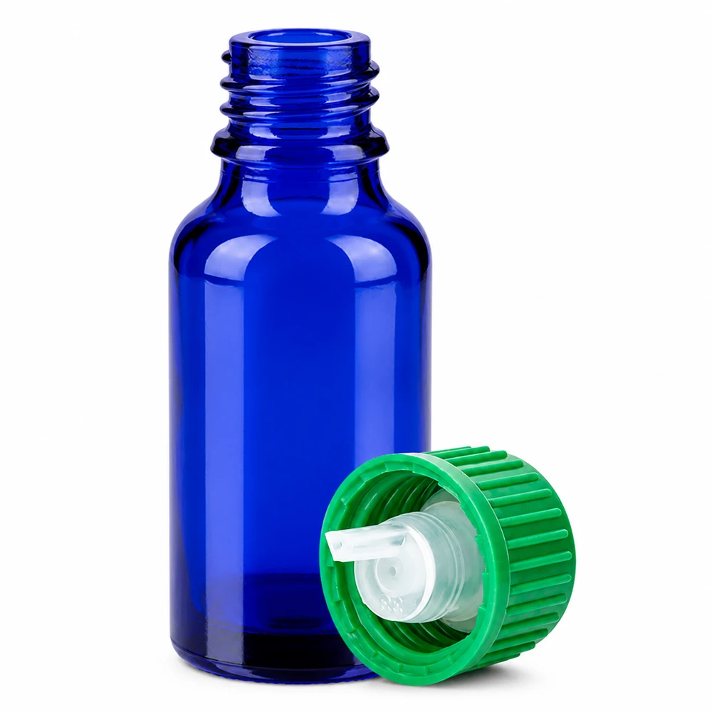 Flacone contagocce di precisione 20ml blu cobalto con tappo verde per oli essenziali ed estratti