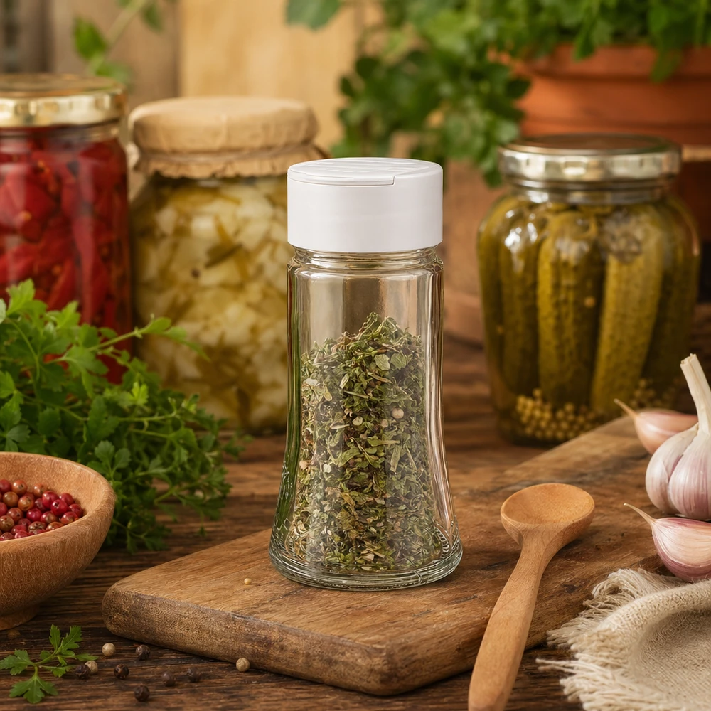Pot à sel/épices 95 ml avec double saupoudreuse, blanc Wiederverwendbares Streuglas aus Glas 95ml mit weißem Deckel ideal für Kräuter und Gewürze