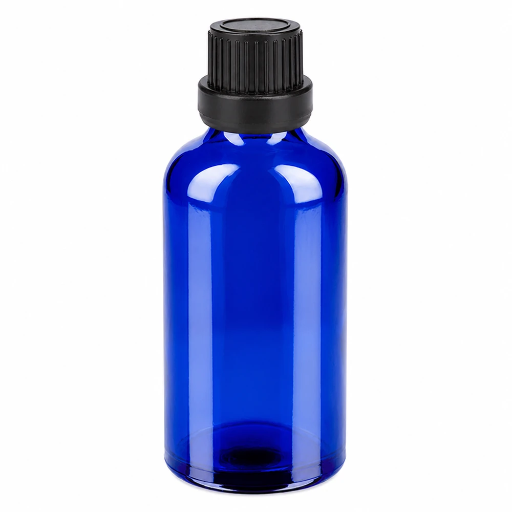 Flacon 50ml 11mm SV noir OV BlueLine UT18/50 Flacon de pharmacie 50ml bleu intense avec bouchon noir rainuré UT18/50