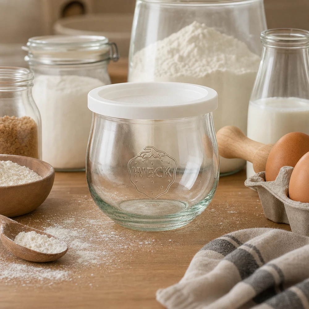 Vaso a tulipano da 370 ml con coperchio a tenuta ermetica WECK RR80 Barattolo WECK a tulipano 370ml RR80 con coperchio fresco in scena di cottura con farina, uova e latte su piano di lavoro in legno