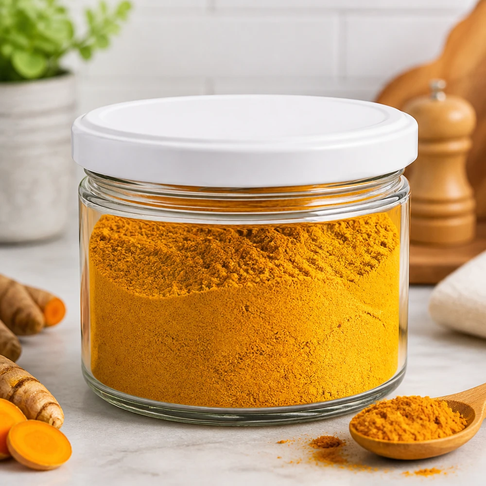 Barattolo rotondo UNiTWIST da 540 ml con coperchio bianco riempito di curcuma in polvere - versatile barattolo di spezie per la cucina