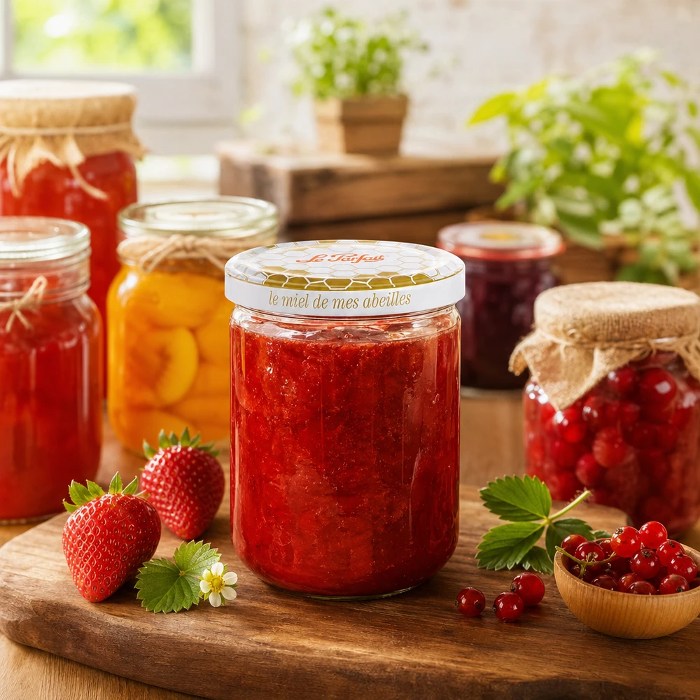 Le Parfait® vaso miele 212 ml Ø63 mm Vasetto Le Parfait Miele 212ml pieno di marmellata rossa accanto a fragole fresche e altri vasetti per conserve