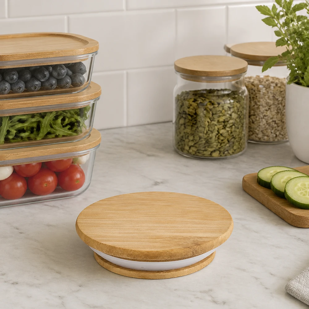 Coperchio in legno versione "A" per WECK RR40 WECK coperchio in legno RR40 versione quercia A in cucina moderna con barattoli di stoccaggio Applicazione di stile di vita conservazione pratica