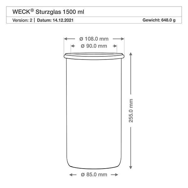 Set di 6 bicchieri Weck da 1500 ml + coperchio HUND Disegno tecnico dei tumbler WECK 1500ml RR100 con dimensioni, diametro 108mm, altezza 255mm, peso 648g