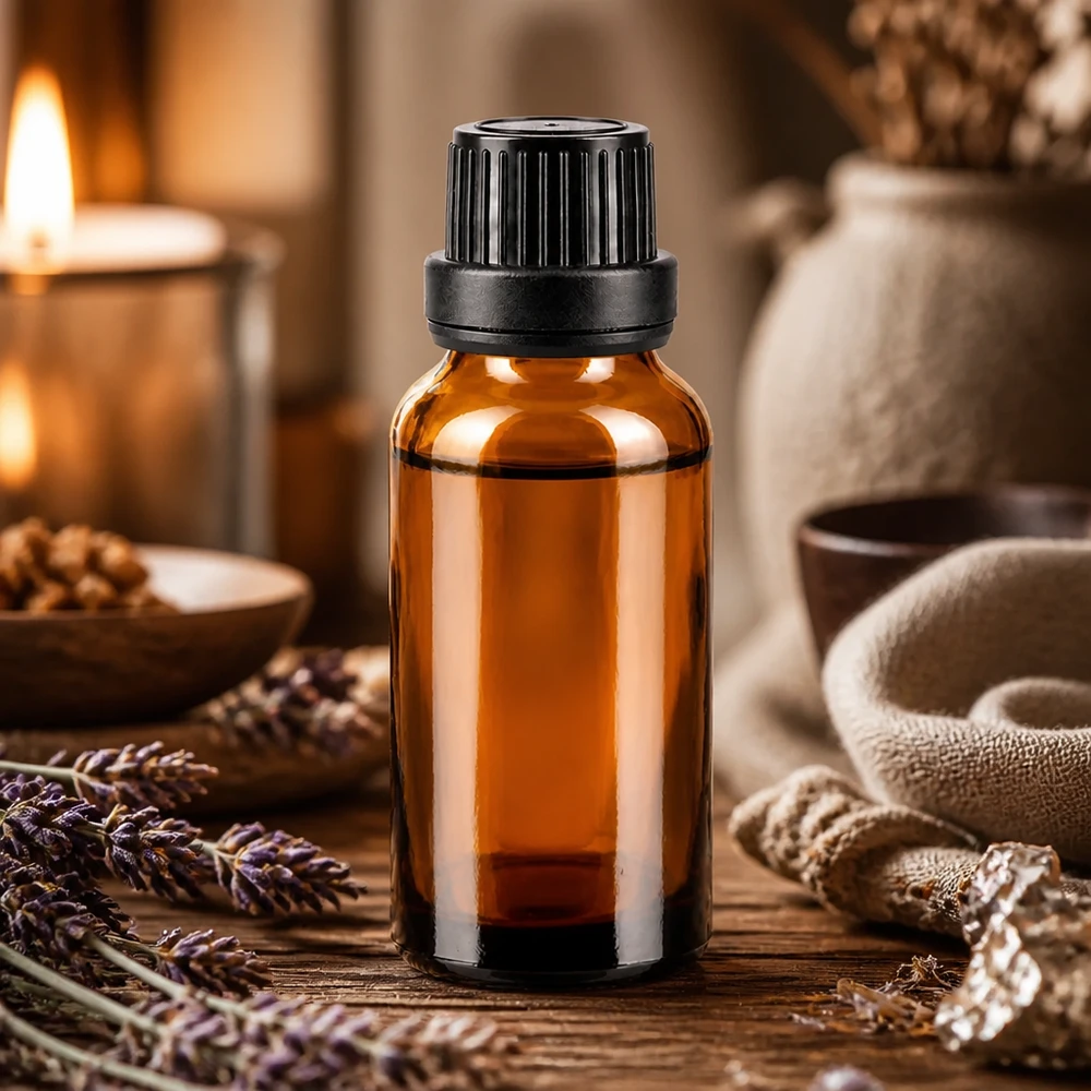 Petite bouteille en verre marron de 20 ml avec un bouchon compte-gouttes noir, posée sur une table en bois à côté d'un bouquet de lavande et d'une bougie