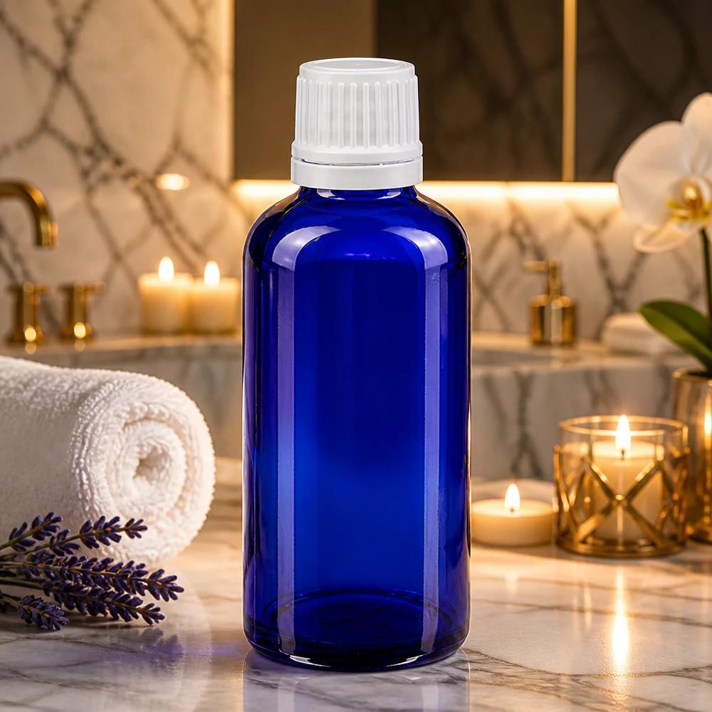 50ml blaue Apothekerflasche mit weißem OV neben Handtuch und Duftkerzen
