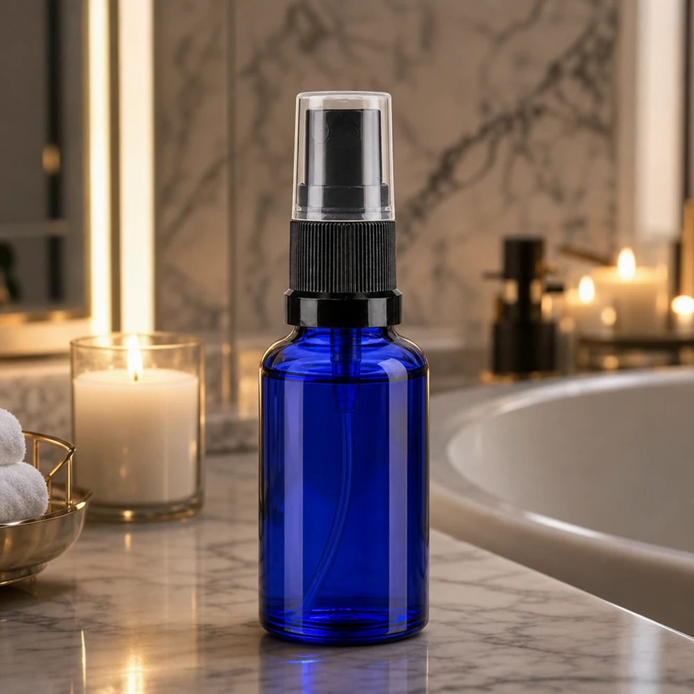 Apothekenflasche blau 20ml Sprayaufsatz schwarz Nachfüllbare 20ml Minitlasche Blauglas Sprühpumpe für Parfum Raumspray und Kosmetik