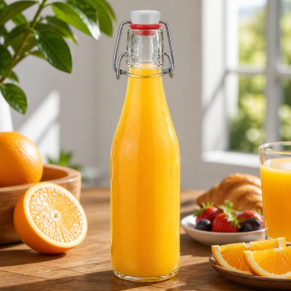 Bottiglia in vetro da 250 ml con tappo oscillante riempita di succo d'arancia, scena decorativa in cucina con arance e bacche fresche