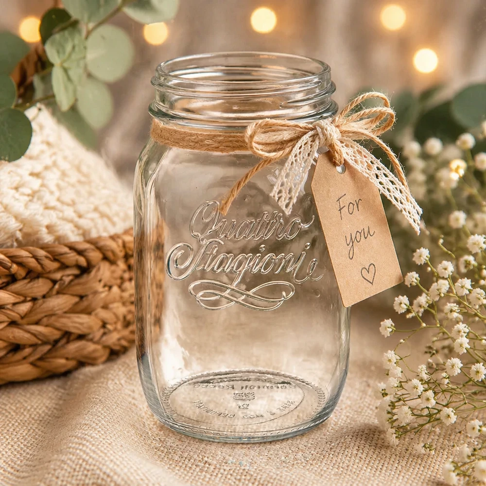 Vaso domestico "Quattro Stagioni" da 1000 ml Bicchiere da 1000ml Quattro Stagioni con decorazione rustica e ciondolo For You su sfondo naturale