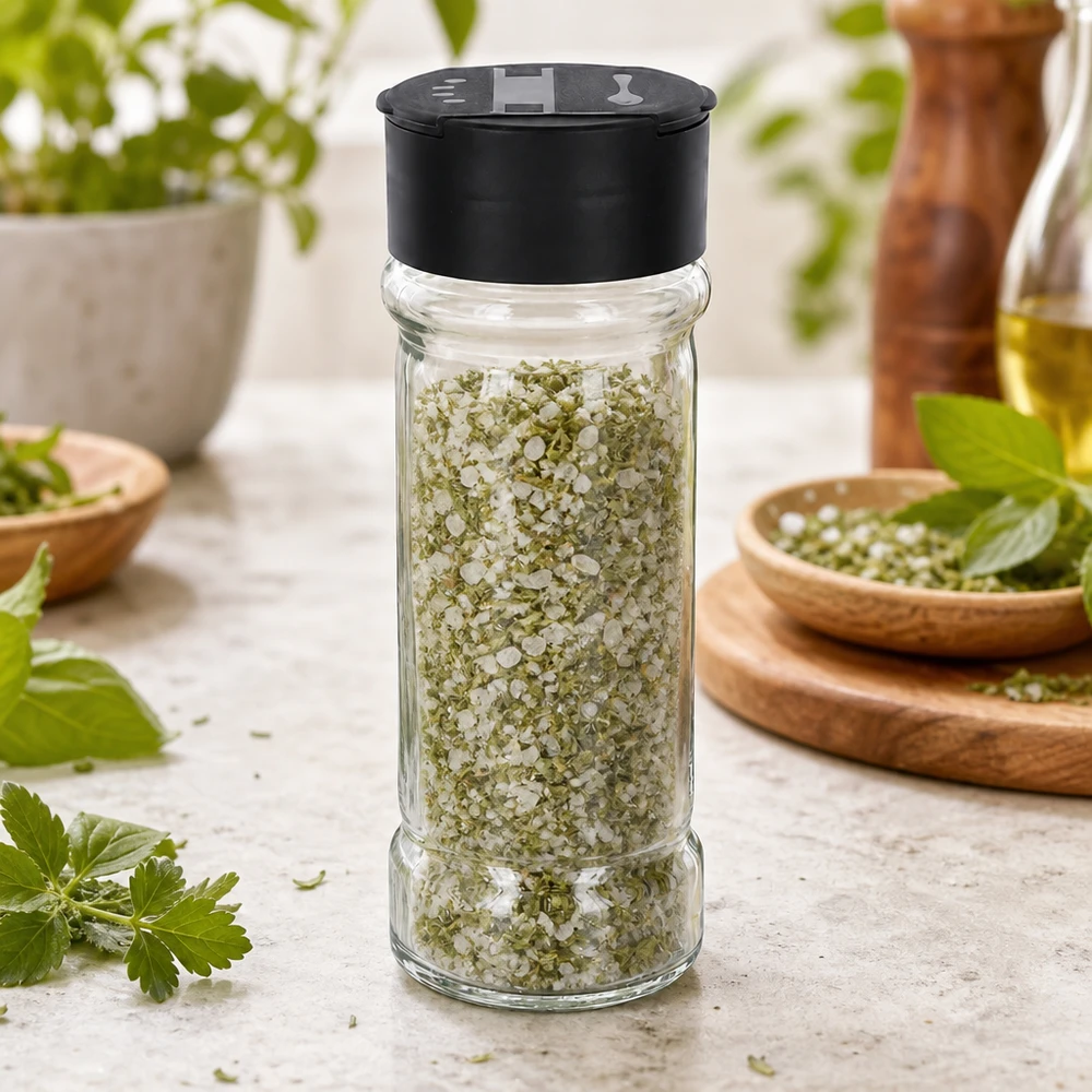 Pot à sel/épices 100 ml avec double saupoudreuse, noir Gewürzglas 100ml Klarglas mit schwarzem Deckel und Kräutersalz in Küchenumgebung