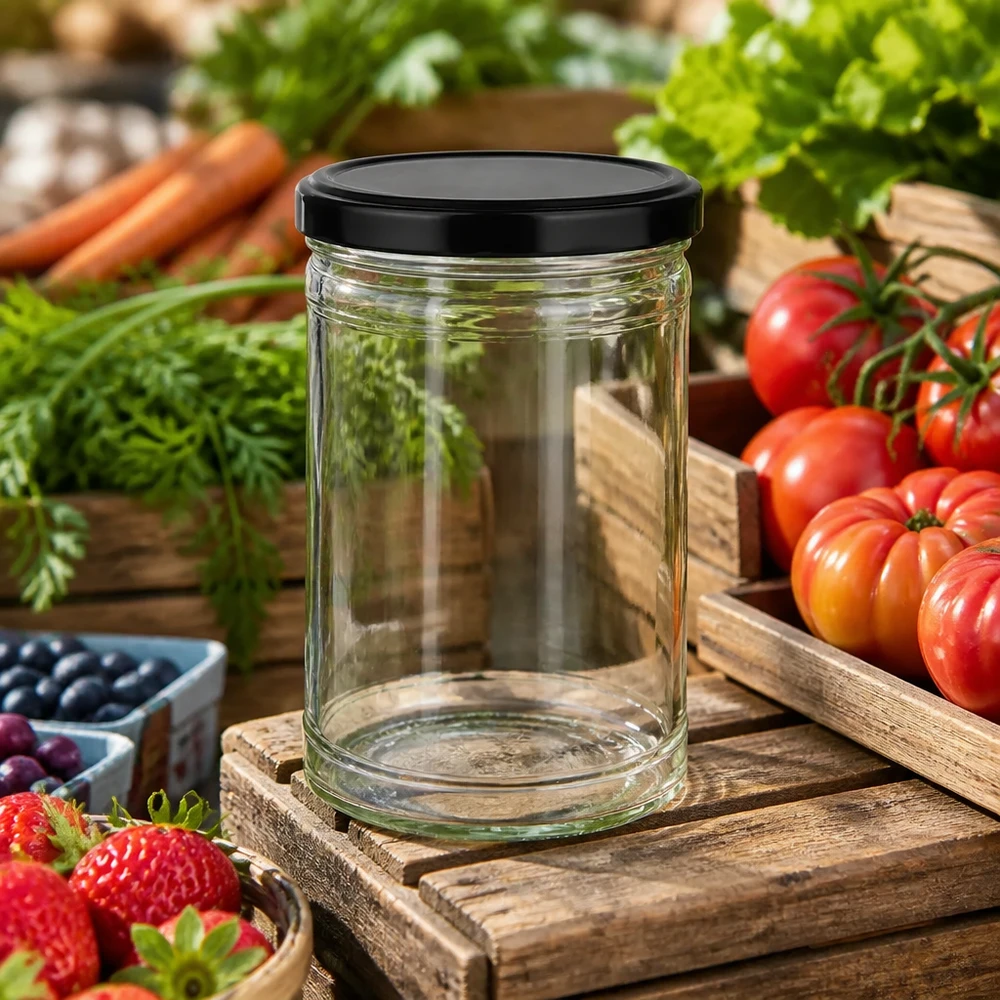 Vaso mason vuoto da 1053 ml con coperchio nero su tavola di legno circondato da verdure fresche pomodori carote fragole