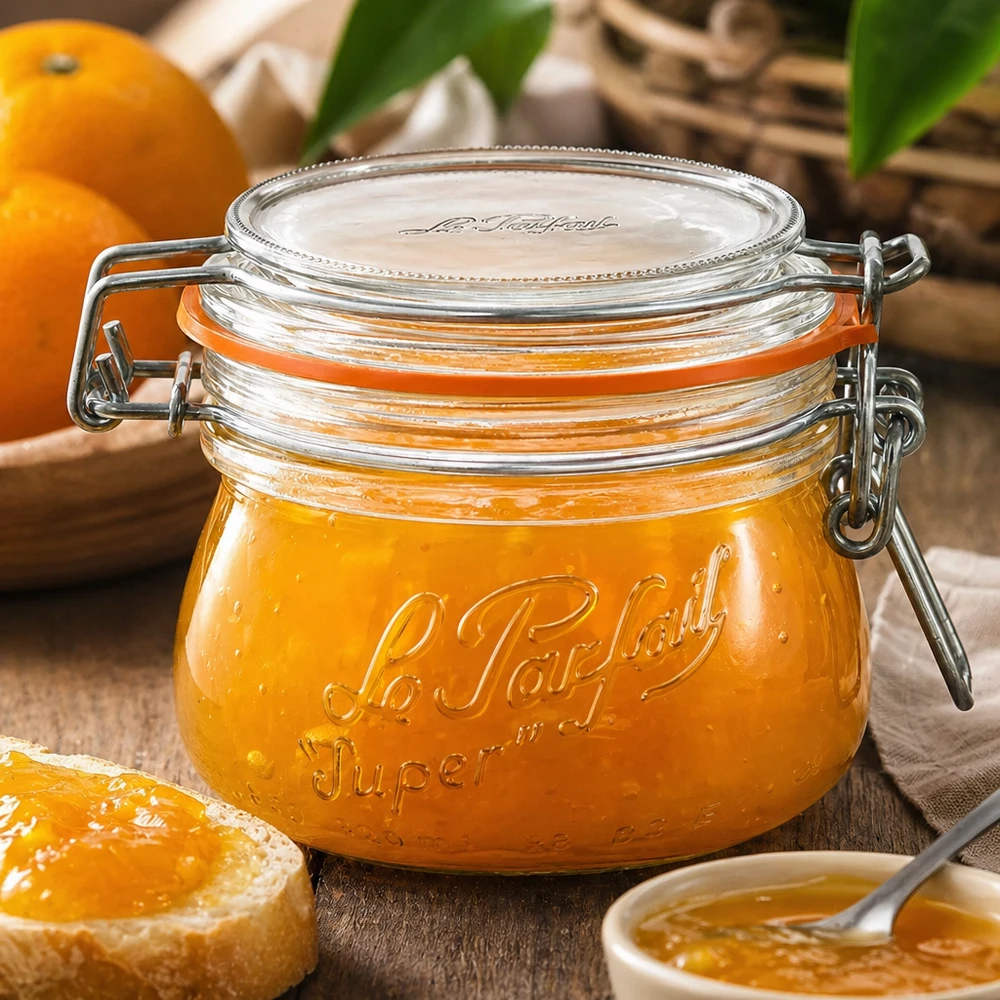 Vasetto Le Parfait® 250 ml Ø70 mm conserve Barattolo Le Parfait Super da 250 ml con tappo girevole riempito di marmellata di arance su un tavolo di legno con arance fresche