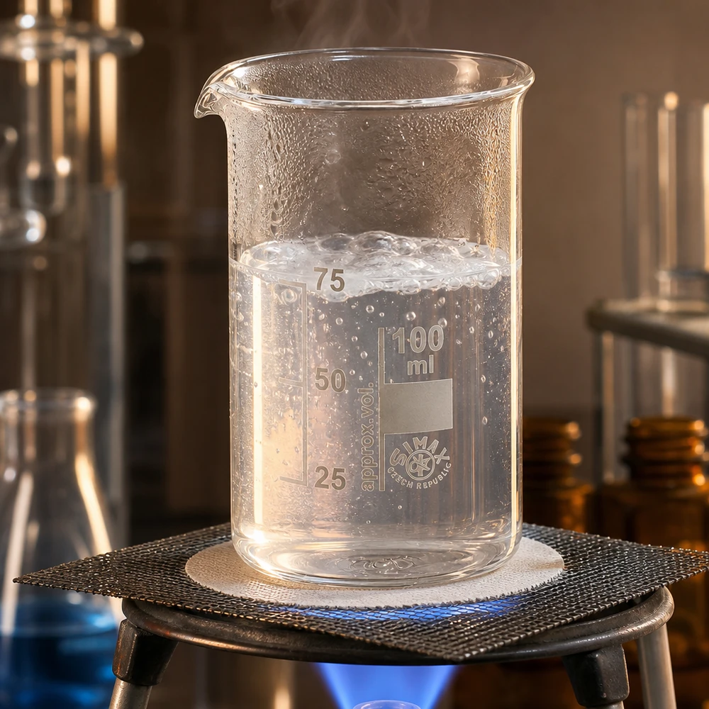 Bicchiere da 100 ml in vetro borosilicato, forma alta Acqua bollente in un recipiente alto in vetro borosilicato da 100 ml su un bruciatore a gas con rete metallica