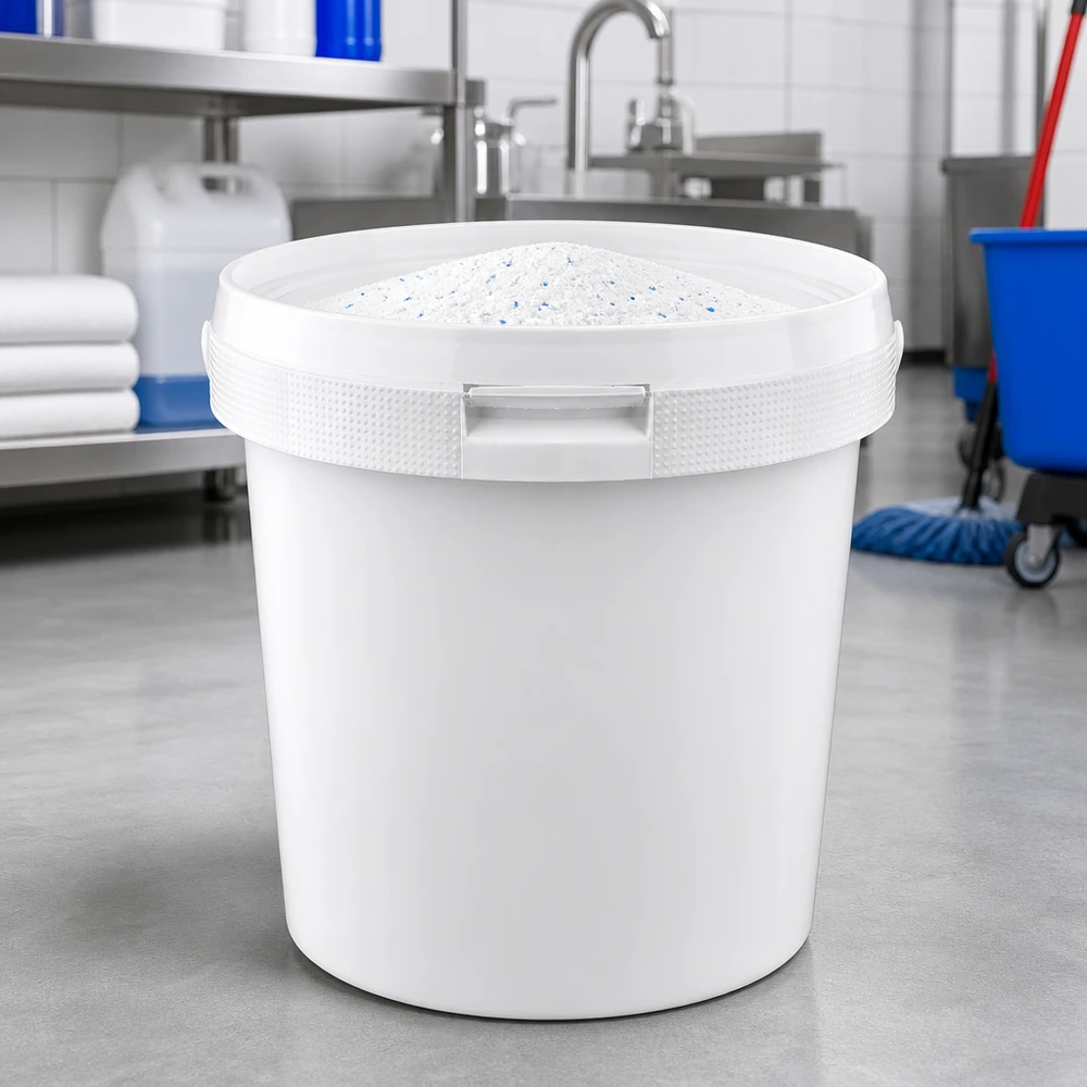 Eimer 2.5L aus weißem Kunststoff Polypropylen mit Deckel Kleiner weißer Kunststoffeimer 2,5L mit transparentem Klipverschluss in professioneller Küchenumgebung