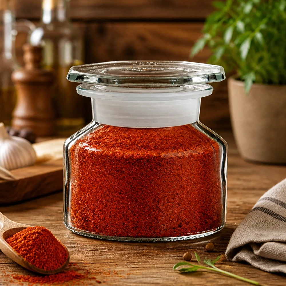 Idea barattolo per spezie: bottiglia a collo alto da 50 ml in vetro trasparente a bocca larga Contenitore per spezie: flacone a collo largo e fondo bombato da 50 ml con polvere di spezie di colore rosso intenso