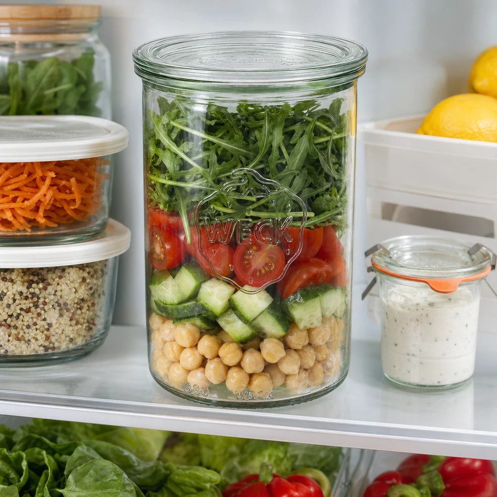 1000ml Sturzglas mit Glasdeckel WECK RR100 WECK Sturzglas 1000ml RR100 im Kühlschrank mit Salat-Meal-Prep neben anderen Vorratsgläsern mit Kichererbsen