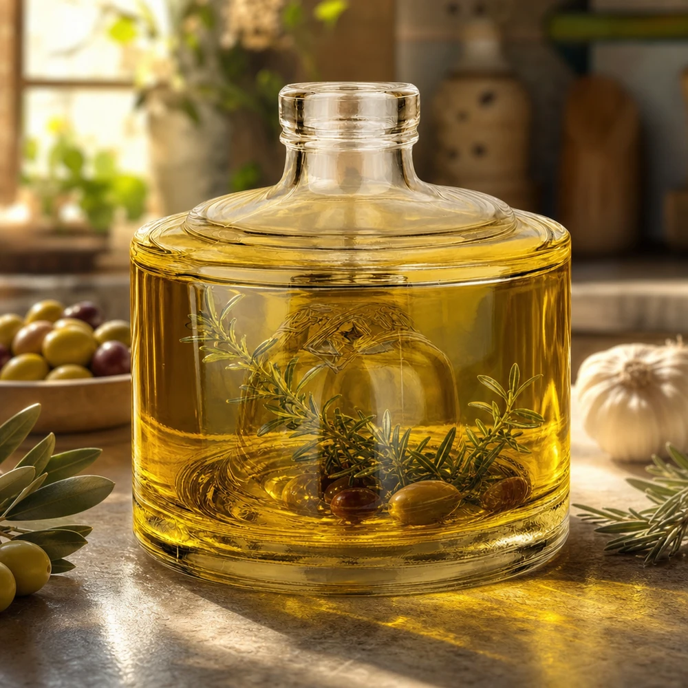 200ml Glasflasche "Barbara" ohne Verschluss UNiTWIST 200ml Glasflasche Barbara mit goldenem Olivenöl gefüllt und Kräutern dekoriert in mediterraner Küche Lifestyle