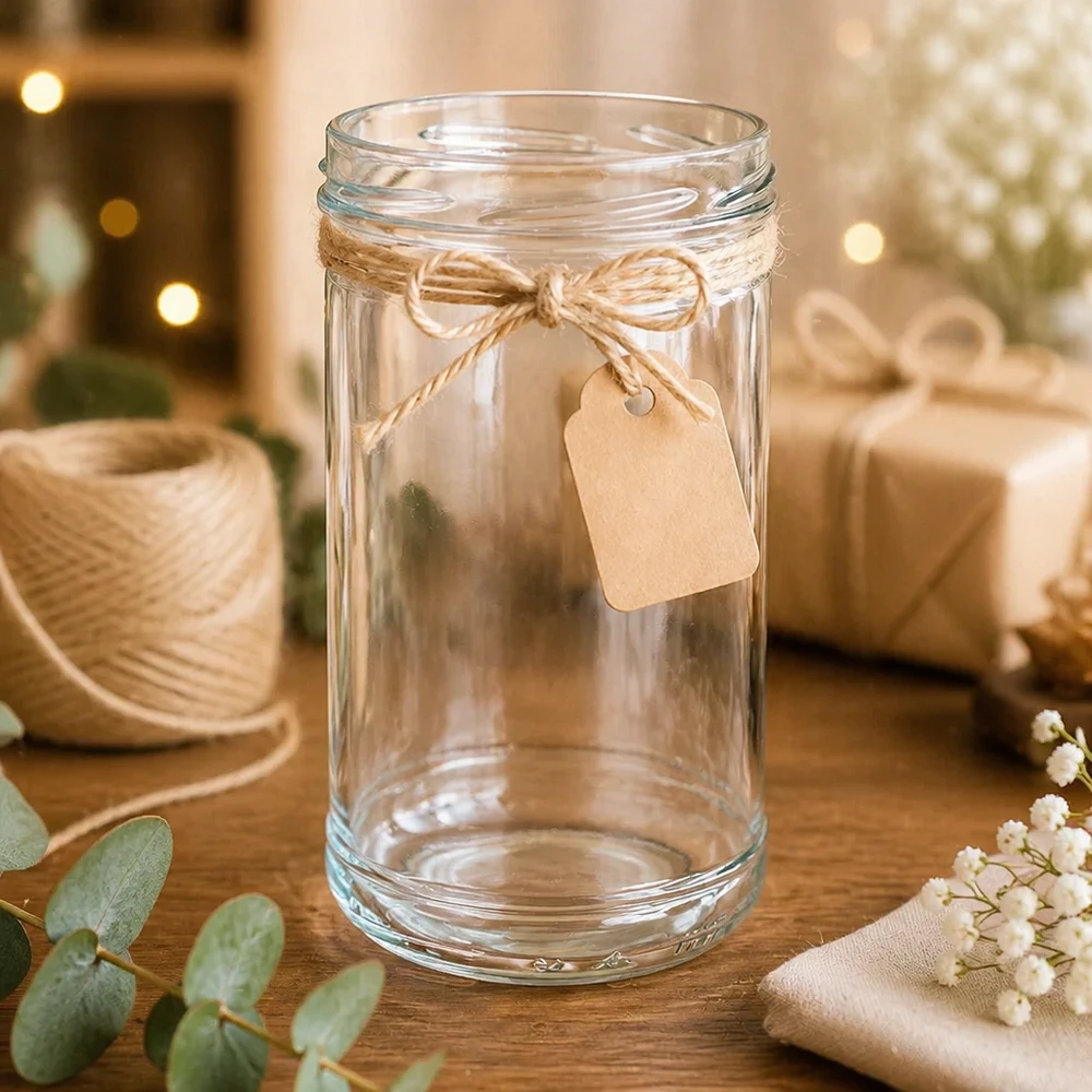 UNiTWIST Sturzglas 1053ml mit rustikaler Dekoration Juteschnur und Geschenkanhänger auf Holztisch arrangiert