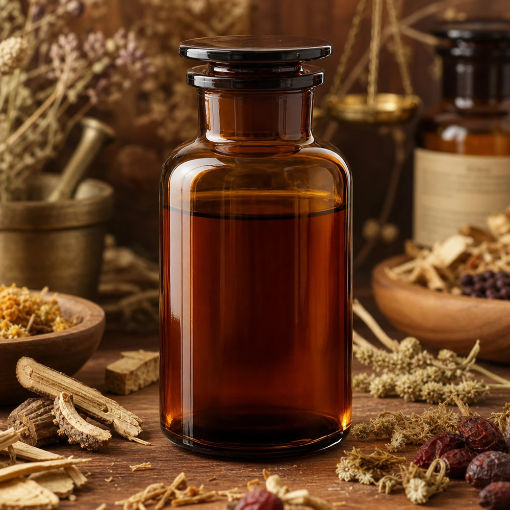 Classica bottiglia a spalla arrotondata da 500 ml, marrone, con collo largo e tappo in vetro per estratti di erbe