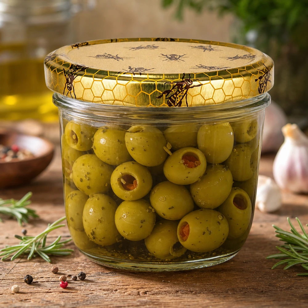 230ml Sturzglas + BasicSeal Deckel Bienenwabe UNiTWIST Sturzglas 230ml mit Bienenwaben-Deckel gefüllt mit grünen Oliven als Anwendungsbeispiel für Konservierung