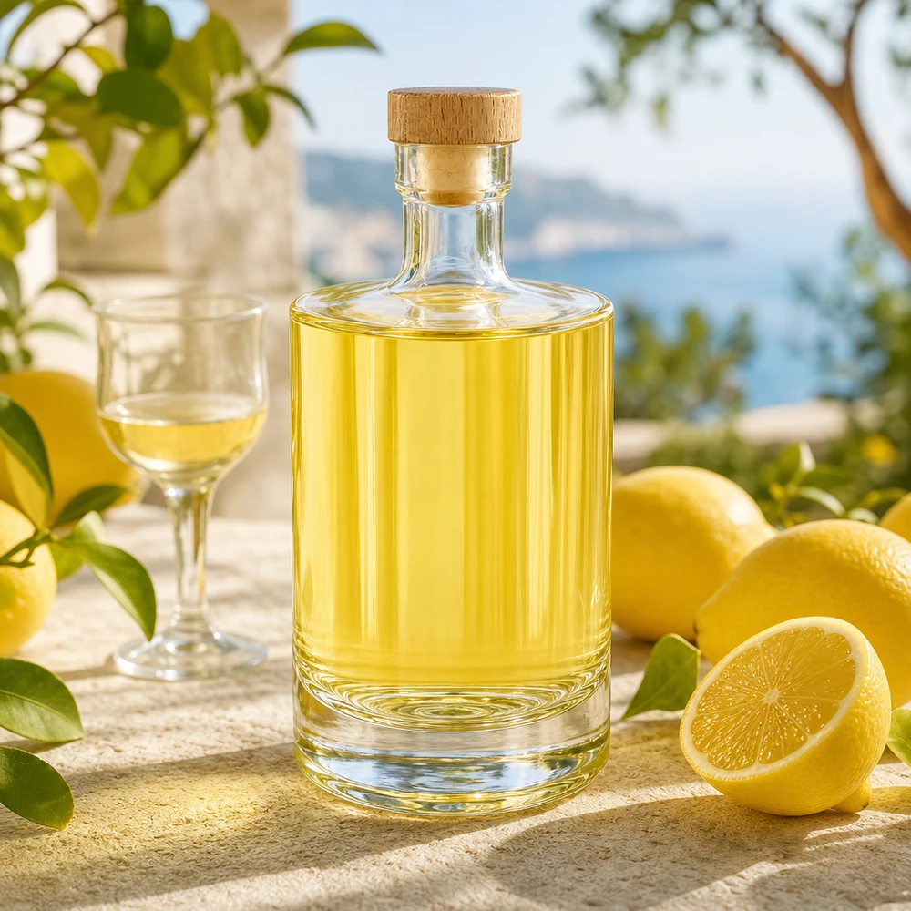 Bottiglia in vetro da 500 ml 500ml Glasflasche "Marie" mit Holzgriff-Korken UNiTWIST con tappo in sughero con impugnatura in legno UNiTWIST® Glasflasche Marie befüllt mit gelbem Likör neben Zitronen - stilvolle Präsentation für Limoncello und Spirituosen