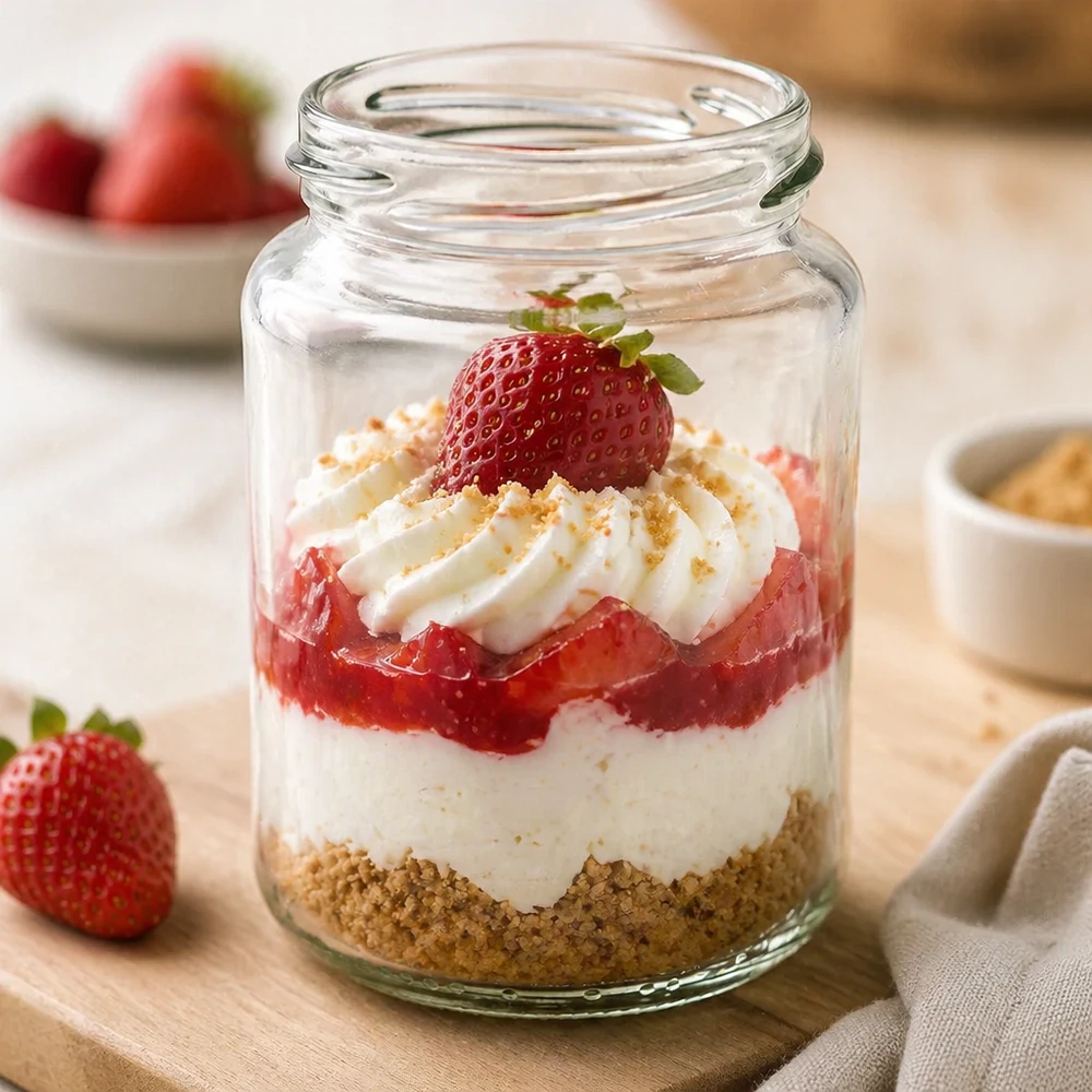 UNiTWIST Runda382 Rundglas 382ml TO66 mit Erdbeer-Dessert Schichtdessert im Glas gefüllt mit Sahne und Früchten