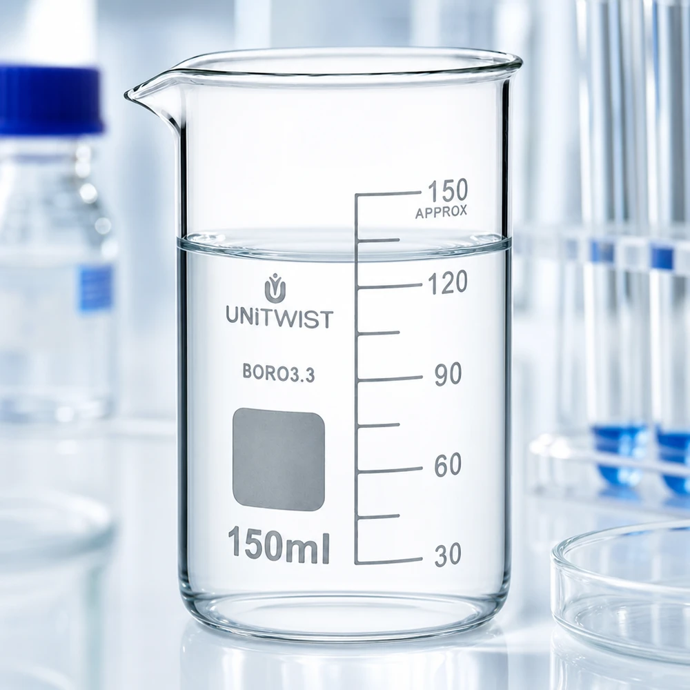 Bicchiere 150ml in borosilicato, forma alta UNITWIST UNITWIST Bicchiere da laboratorio da 150 ml, forma alta, borosilicato 3.3, con scala graduata in millilitri su sfondo bianco