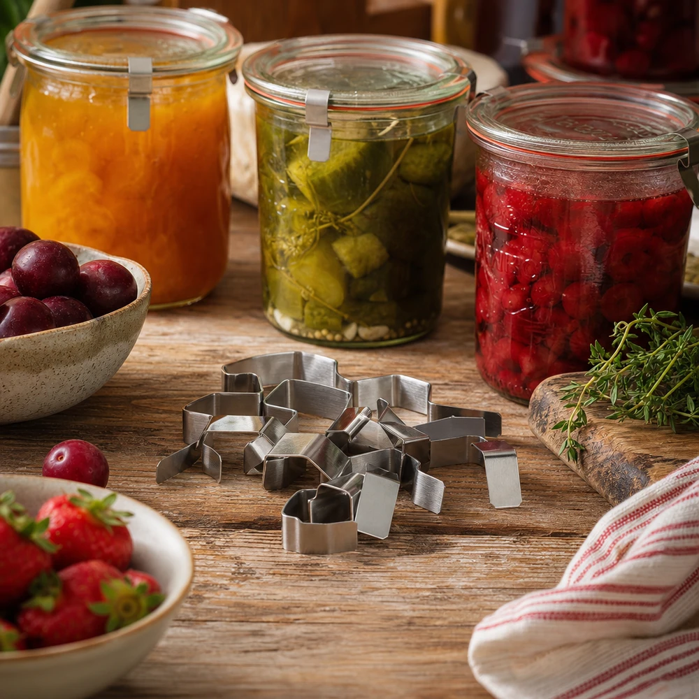 Attache pour conserve WECK Pinces à confiture en acier inoxydable dans une scène de cuisine avec des pots de confiture, des légumes et des fruits frais.