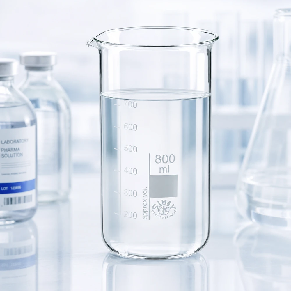 Bicchiere da laboratorio da 800 ml, modello alto, in vetro borosilicato trasparente, riempito con liquido limpido fino a 650 ml