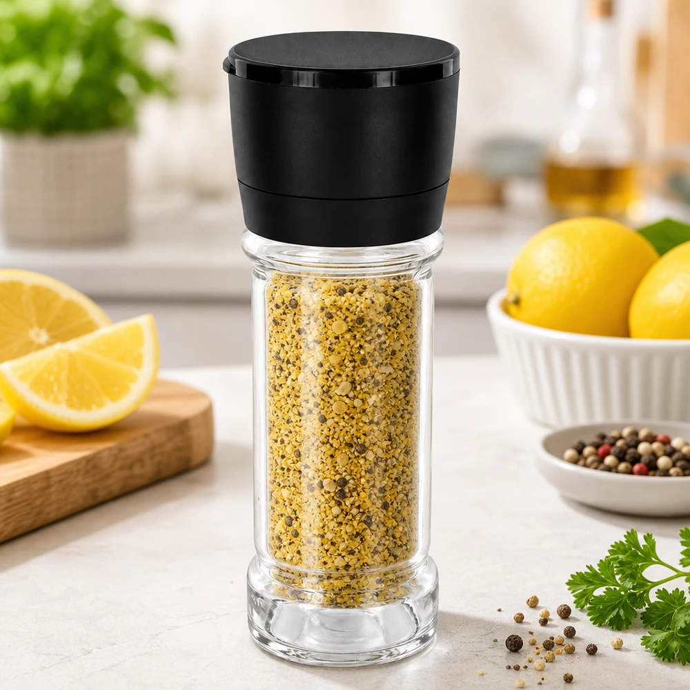 Pot à sel/épices 100 ml avec moulin Vario noir Nachfüllbares Salz- und Gewürzglas 100ml mit Drehmühle Vario schwarz auf hellem Marmor