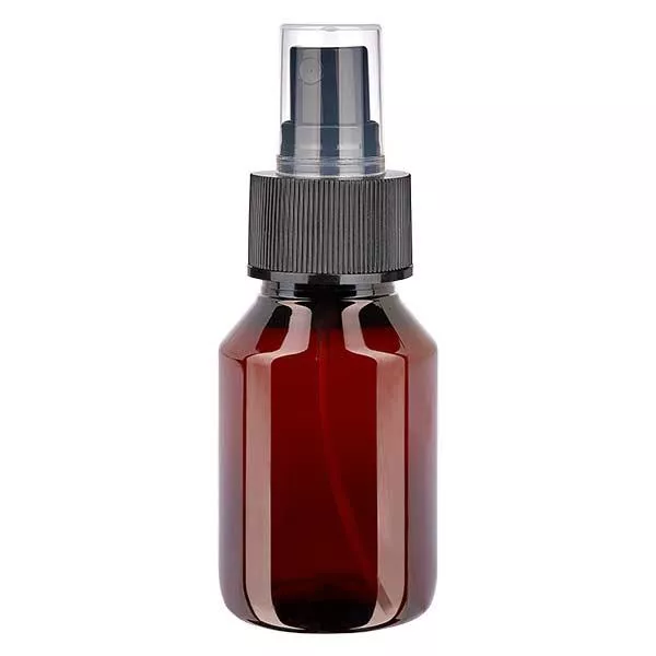 Flacon médical de 50 ml en PET, avec spray noir GCMI 28/410 et capuchon transparent standard