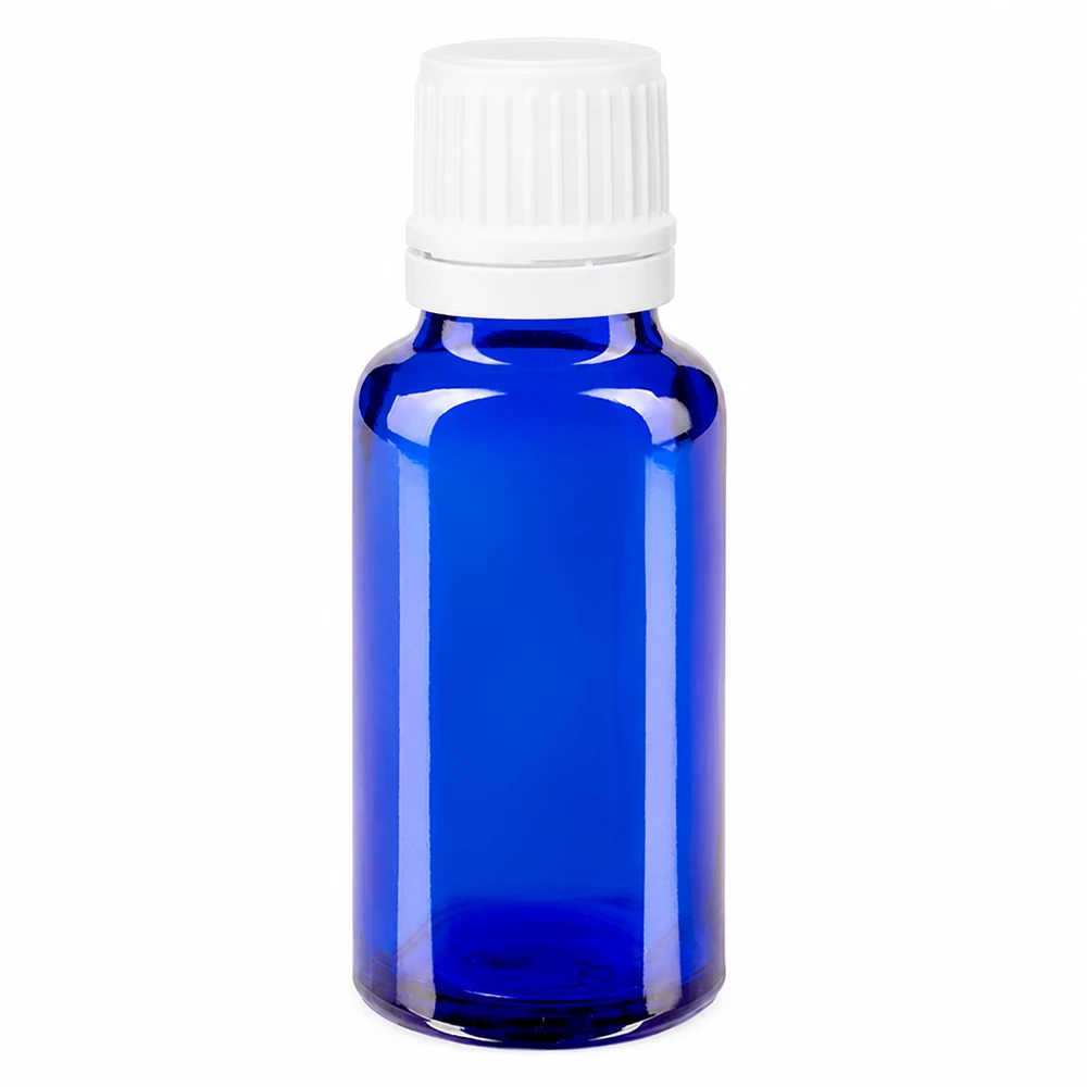 Blaue 20ml Glasflasche mit Sicherheitsverschluss weiß ideal für ätherische Öle und Tinkturen