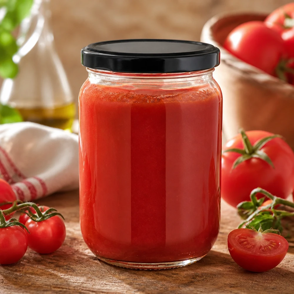 Einmachglas 555ml mit Tomatensauce gefüllt umgeben von frischen Tomaten auf Holztisch