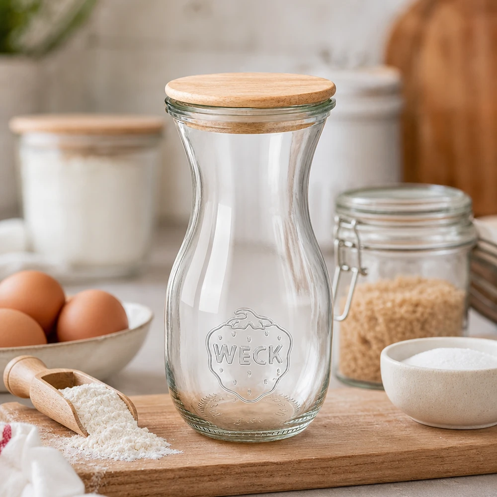 290ml Saftflasche Edition RR60 mit Holzdeckel WECK Saftflasche 290ml mit Holzdeckel auf Küchenbrett zwischen Backzutaten Mehl Eiern und Vorratsgläsern