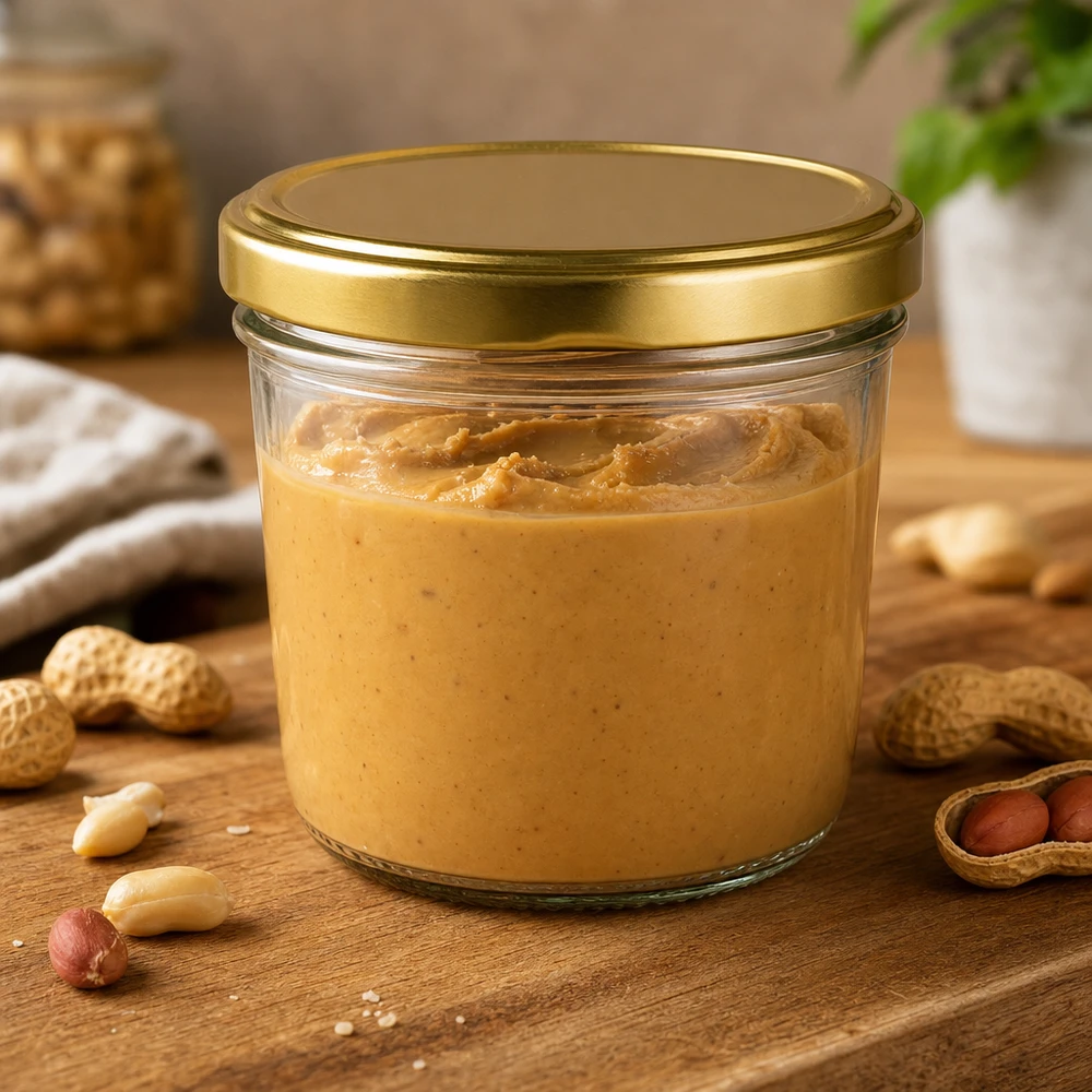 230ml Sturzglas mit BasicSeal Deckel gold UNiTWIST 230ml Sturzglas mit goldenem BasicSeal Deckel gefüllt mit Erdnussbutter umgeben von Erdnüssen auf Holzbrett