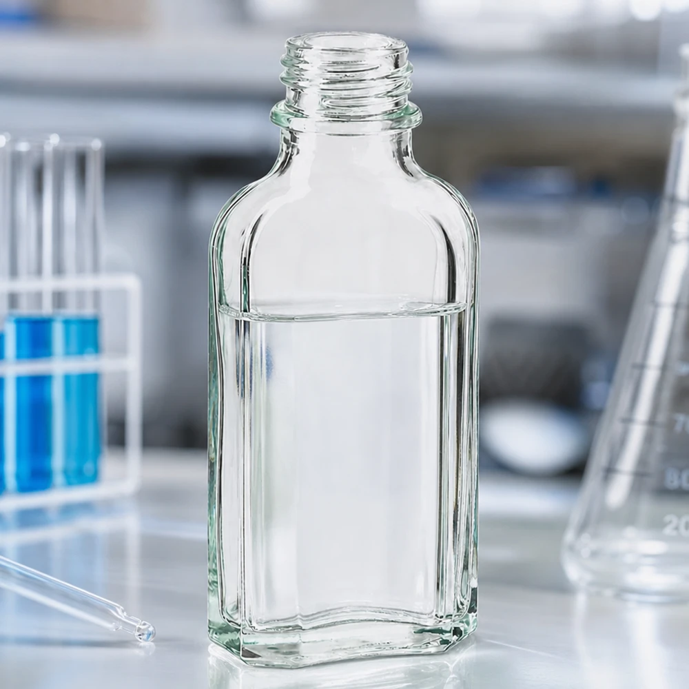 50 ml Meplatflasche klar DIN22 Glasflasche Meplatform 50 ml klar mit abgeflachtem Korpus und DIN22 Verschluss