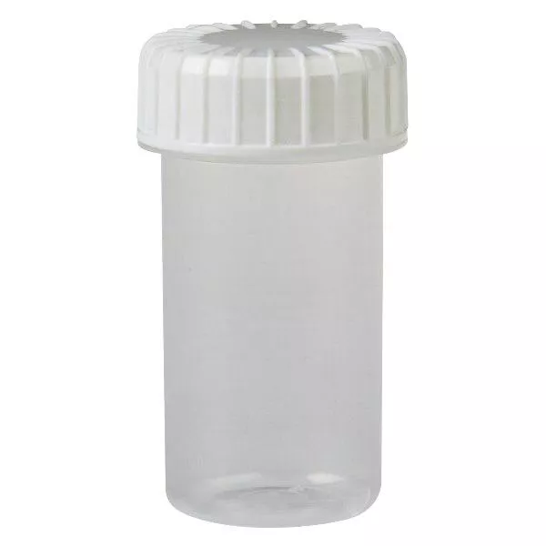 Pot en plastique transparent 20 ml + couvercle à vis blanc strié en PE, fermeture standard Pot en plastique transparent 20 ml + couvercle à vis blanc strié en PE, fermeture standard