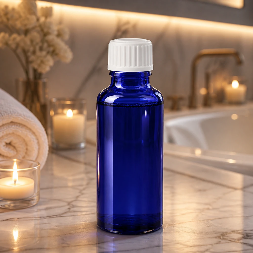 Apothekenflasche blau 30ml Schraubverschluss weiß Standard Kobaltblaue 30ml SV-Flasche aus Apothekenglas mit weißem Deckel in entspanntem Spa-Setting