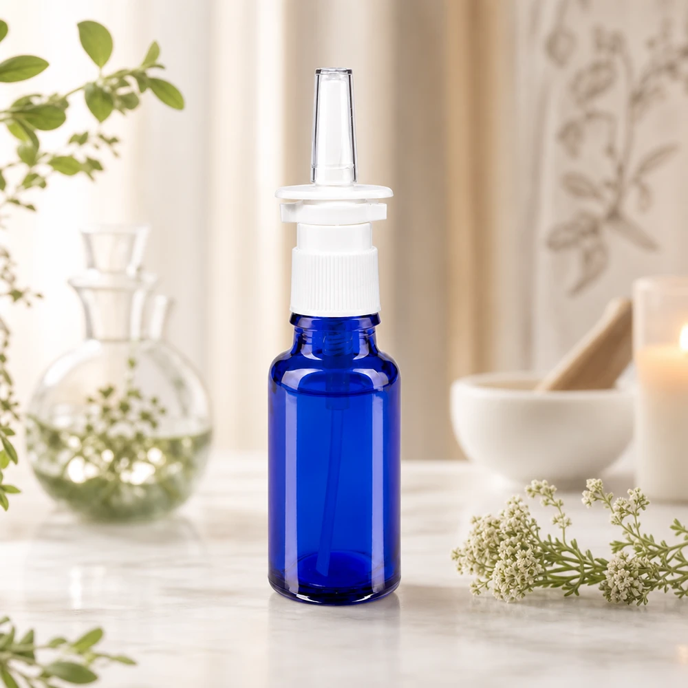 Blaue 20ml Glasflasche mit Nasenspray-Mechanismus für pharmazeutische Zubereitungen in Apothekenqualität