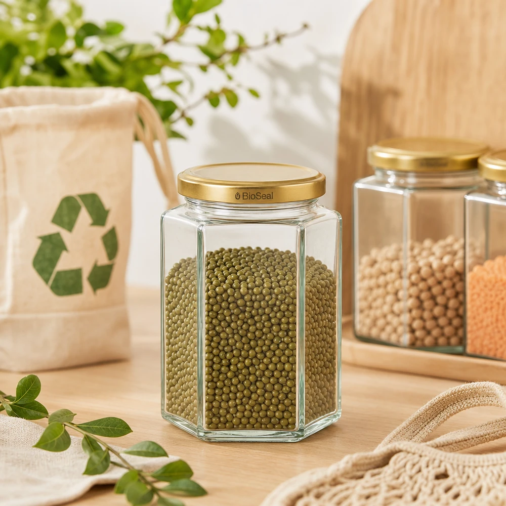 390ml Hexaglas mit BioSeal Deckel gold UNiTWIST UNiTWIST Hexa390 Vorratsglas mit BioSeal Deckel für Hülsenfrüchte Mungbohnen in nachhaltiger Küche mit Recycling