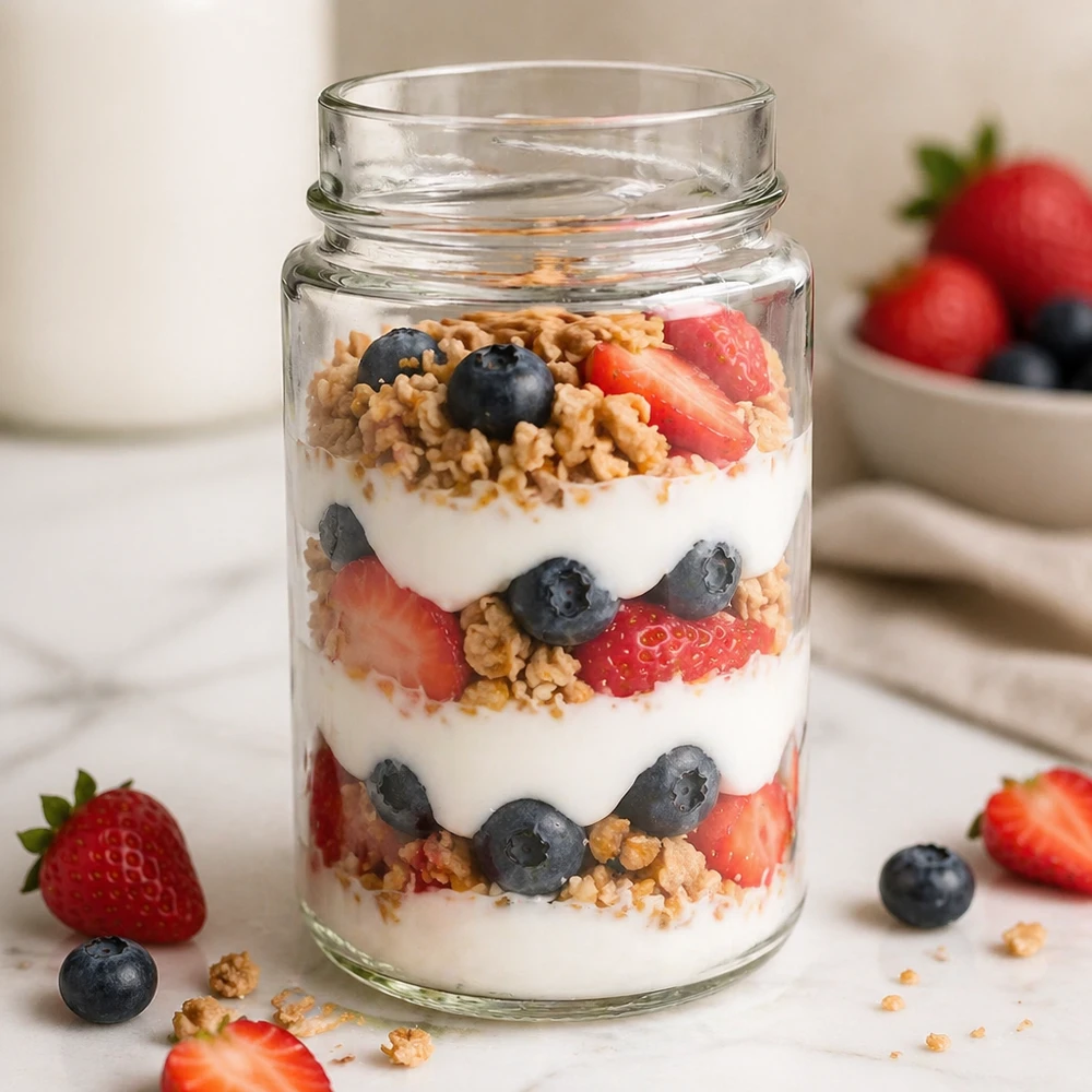 UNiTWIST Runda245 barattolo rotondo da 245 ml con yogurt muesli fragole mirtilli a strati TO58deep barattolo di vetro per la conservazione del coperchio