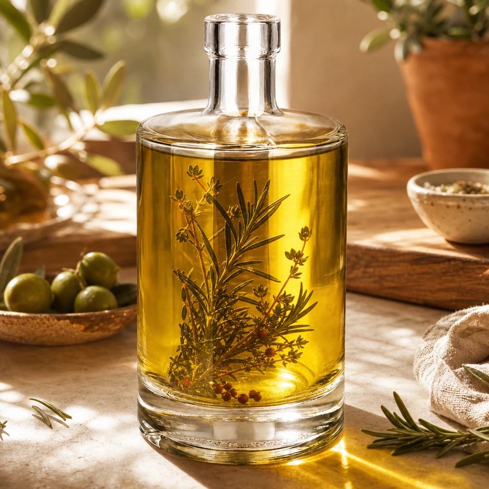 Bottiglia in vetro da 500 ml Marie riempita con olio alle erbe e rametti di rosmarino come esempio di utilizzo in cucina e per la decorazione