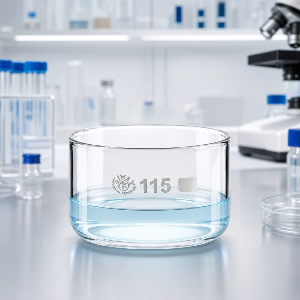500ml Kristallisierschale ohne Ausguss Borosilikat ø115mm 500ml Laborschale aus klarem Glas mit wässrigem Inhalt und Laborzubehör im Hintergrund